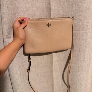 Tory Burch Tan Pebbled Leather Crossbody with Gold Logo